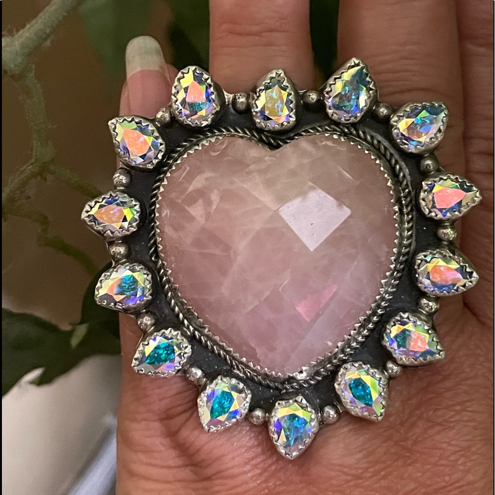 M&S Solid Sterling Silver genuine Rose quartz and Swarovski Heart ring♥️
